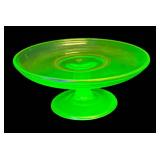 J3 - Vintage Cambridge Uranium Glass Pedestal Tray with Gold Accents