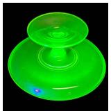 J3 - Vintage Cambridge Uranium Glass Pedestal Tray with Gold Accents