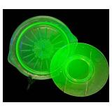 J2 - Vintage Jeanette Glass Uranium Glass Platter & Vintage Imperial Glass Twisted Optic Swirl Pattern Green Uranium Depression Plate