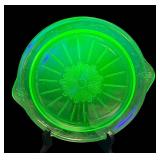 J2 - Vintage Jeanette Glass Uranium Glass Platter & Vintage Imperial Glass Twisted Optic Swirl Pattern Green Uranium Depression Plate