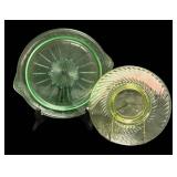 J2 - Vintage Jeanette Glass Uranium Glass Platter & Vintage Imperial Glass Twisted Optic Swirl Pattern Green Uranium Depression Plate