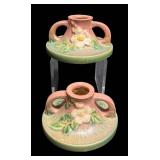 J1 - Pair of Vintage Roseville White Rose Candle Holders