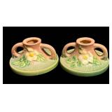J1 - Pair of Vintage Roseville White Rose Candle Holders