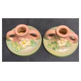 J1 - Pair of Vintage Roseville White Rose Candle Holders