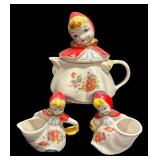 K1 - Vintage Hull Little Red Riding Hood Teapot, Creamer Pitcher and Sugar Dish