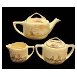 K2 - Antique Roseville Landscape Pottery Teapot, Sugar Dish and Creamer Pitcher