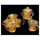 A1 - Vintage Jeanette Floragold Louisa Carnival Glass Teacups, Sugar Bowl and Creamer