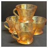 A1 - Vintage Jeanette Floragold Louisa Carnival Glass Teacups, Sugar Bowl and Creamer