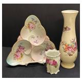 A1 - Vintage Austrian Floral Porcelain Vase, Leaf-Shaped Platter & Toothpick Holder