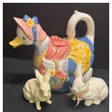 G3 - Adorable Duck Teapot with Two Bunny Figurines