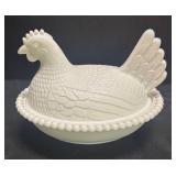 G6 - Vintage Milk Glass Chicken Dish with Beaded Rim