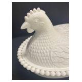 G6 - Vintage Milk Glass Chicken Dish with Beaded Rim