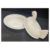 G6 - Vintage Milk Glass Chicken Dish with Beaded Rim