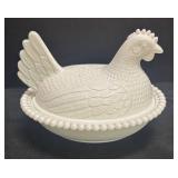 G6 - Vintage Milk Glass Chicken Dish with Beaded Rim