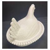 G6 - Vintage Milk Glass Chicken Dish with Beaded Rim