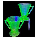 G4 - Vintage Hocking Uranium Glass Block Optic Creamer & Sugar Set