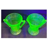 G4 - Vintage Hocking Uranium Glass Block Optic Creamer & Sugar Set
