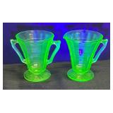 G4 - Vintage Hocking Uranium Glass Block Optic Creamer & Sugar Set