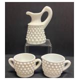 K6 - Vintage Fenton Hobnail Milk Glass Cruet, Creamer & Sugar Dish