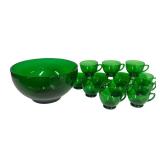 I6 - Vintage Anchor Hocking Emerald Green Punch Bowl Set