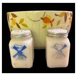 E4 - Vintage Hall Autumn Leaf 6 in Radiance Bowl & McKee Milk Glass Shakers