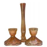 E1 - Vintage Jeanette & Dugan Carnival Glass Candlesticks & Bud Vase (Lot of 3)