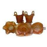 C4 - Vintage Fenton & Dugan Marigold Carnival Glass Basket, Vase & Bonbon Dish