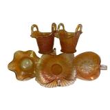 C4 - Vintage Fenton & Dugan Marigold Carnival Glass Basket, Vase & Bonbon Dish
