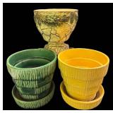 C4 - Vintage McCoy Planter Trio - Grecian Line Pedestal & Basketweave Planters