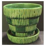 C4 - Vintage McCoy Planter Trio - Grecian Line Pedestal & Basketweave Planters