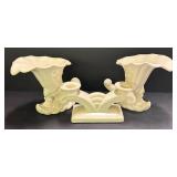 D1 - Vintage Red Wing Pottery Double Candle Holder & Cornucopia Vases (Lot of 3)