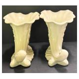 D1 - Vintage Red Wing Pottery Double Candle Holder & Cornucopia Vases (Lot of 3)