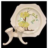 D1 - Vintage Red Wing Pottery Dynasty Plum Blossom Yellow Platter & Cornucopia Holder Mixed Lot