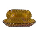 D1 - Vintage Indiana Glass Co. Marigold Carnival Glass Oblong Dishes Pretzel Pattern (Lot of 2)