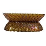 D1 - Vintage Indiana Glass Co. Marigold Carnival Glass Oblong Dishes Pretzel Pattern (Lot of 2)