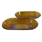 D1 - Vintage Indiana Glass Co. Marigold Carnival Glass Oblong Dishes Pretzel Pattern (Lot of 2)