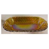 D1 - Vintage Indiana Glass Co. Marigold Carnival Glass Oblong Dishes Pretzel Pattern (Lot of 2)