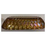 D1 - Vintage Indiana Glass Co. Marigold Carnival Glass Oblong Dishes Pretzel Pattern (Lot of 2)