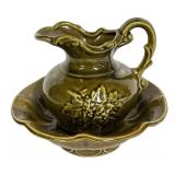 D4 - Vintage McCoy Pottery Olive Green Pitcher & Basin Set 1962