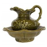 D4 - Vintage McCoy Pottery Olive Green Pitcher & Basin Set 1962