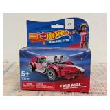 Mega Hot Wheels Twin Mill racecar building set with 101 pieces with micro figure driver figure, toy gift set for ages 5 and up