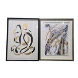 Pair of Framed Abstract Wall Art Prints with Gold & Black Accents