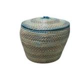 Lidded Wicker Basket - Woven Storage Basket with Blue Accents