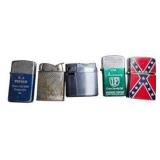 Lot of 5 Vintage Pocket Lighters – R.J. Popham, Oxford, United Family Life & Assorted Designs