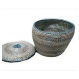 Lidded Wicker Basket - Woven Storage Basket with Blue Accents