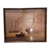Framed Maritime Sailing Ship Print - Leonard K Fields Harbor Boat Scene Wall Art