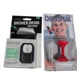 CheekSpeak Hands-Free Phone Call Holder & Sudski Shower Drink Holder Novelty Lot