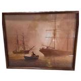 Framed Maritime Sailing Ship Print - Leonard K Fields Harbor Boat Scene Wall Art