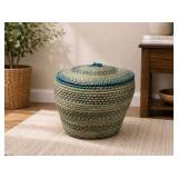 Lidded Wicker Basket - Woven Storage Basket with Blue Accents