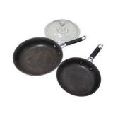 Kitchen Lot - Calphalon Pans, Glass Lid, 9 Gray Bowls & Snowman Oven Mitt